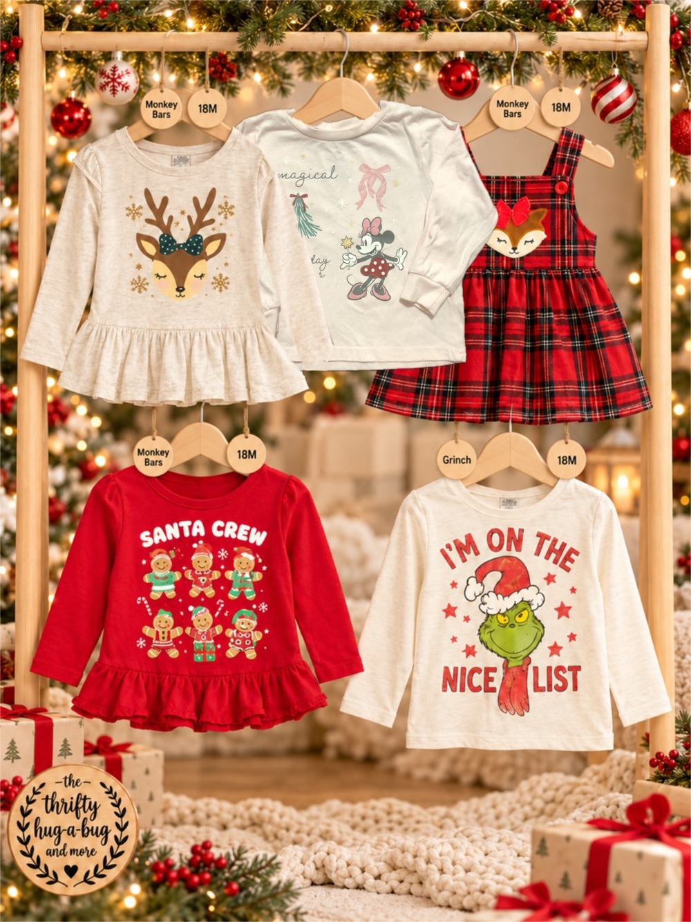 Girls 18M Christmas Bundle Disney Minnie Grinch Monkey Bars Plaid Dress 5 Pieces